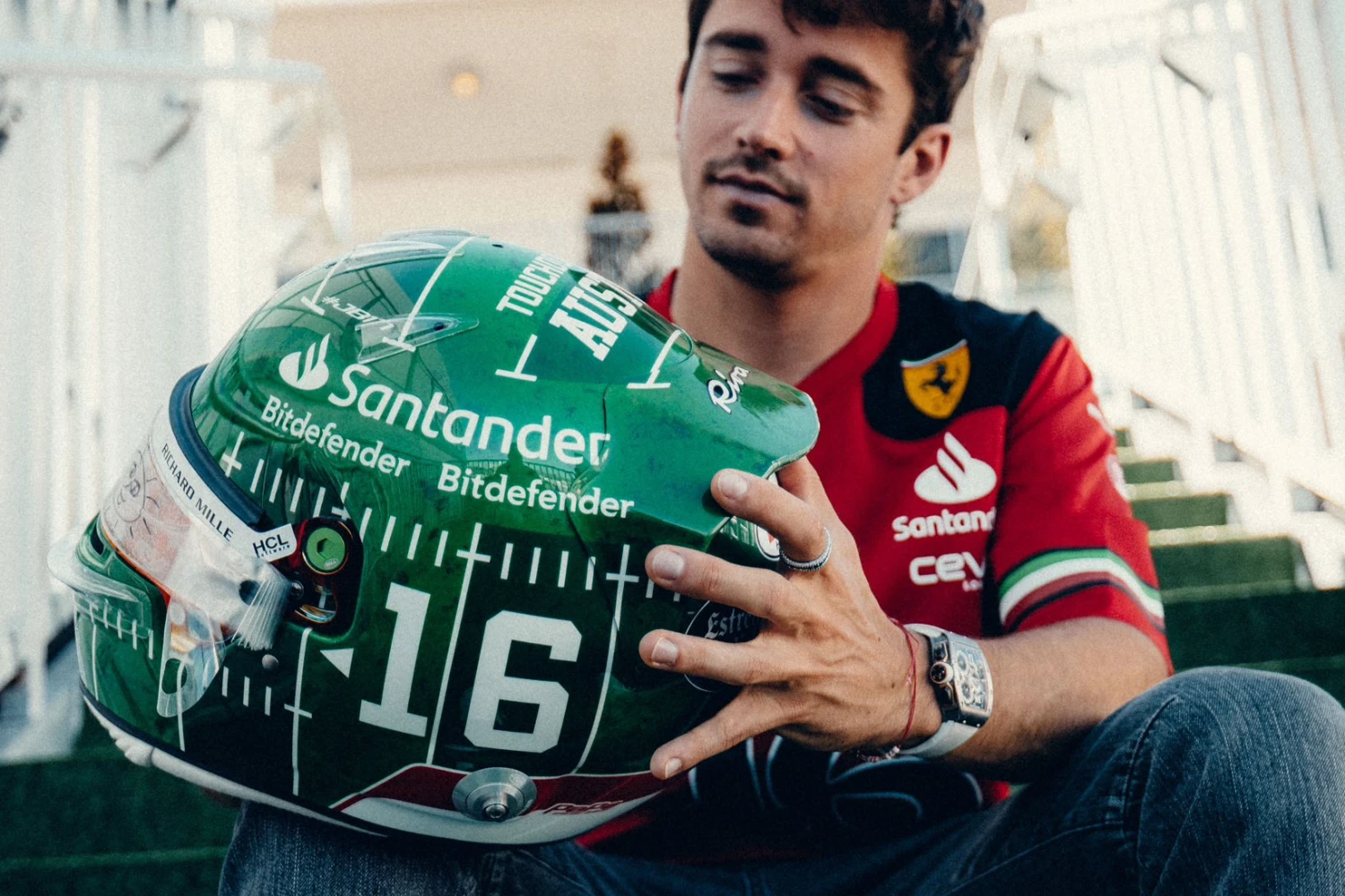 Charles Leclerc in American Football mode for his helmet in Austin